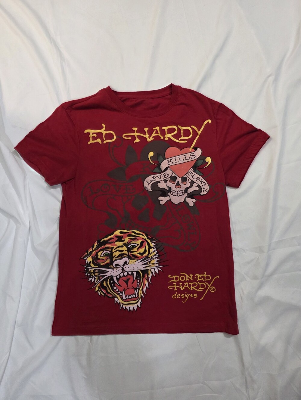 Ed Hardy Men's Red short sleeve T Shirt Kills Love Slowly Skull&Tiger